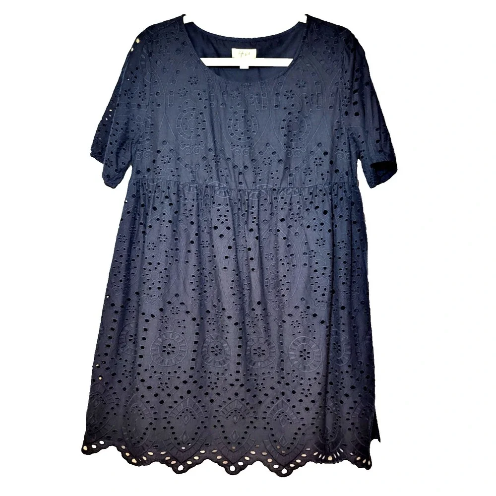 Style & Co‎ Navy Eyelet Embroidered Babydoll Dress Short Sleeve Lined Size Small